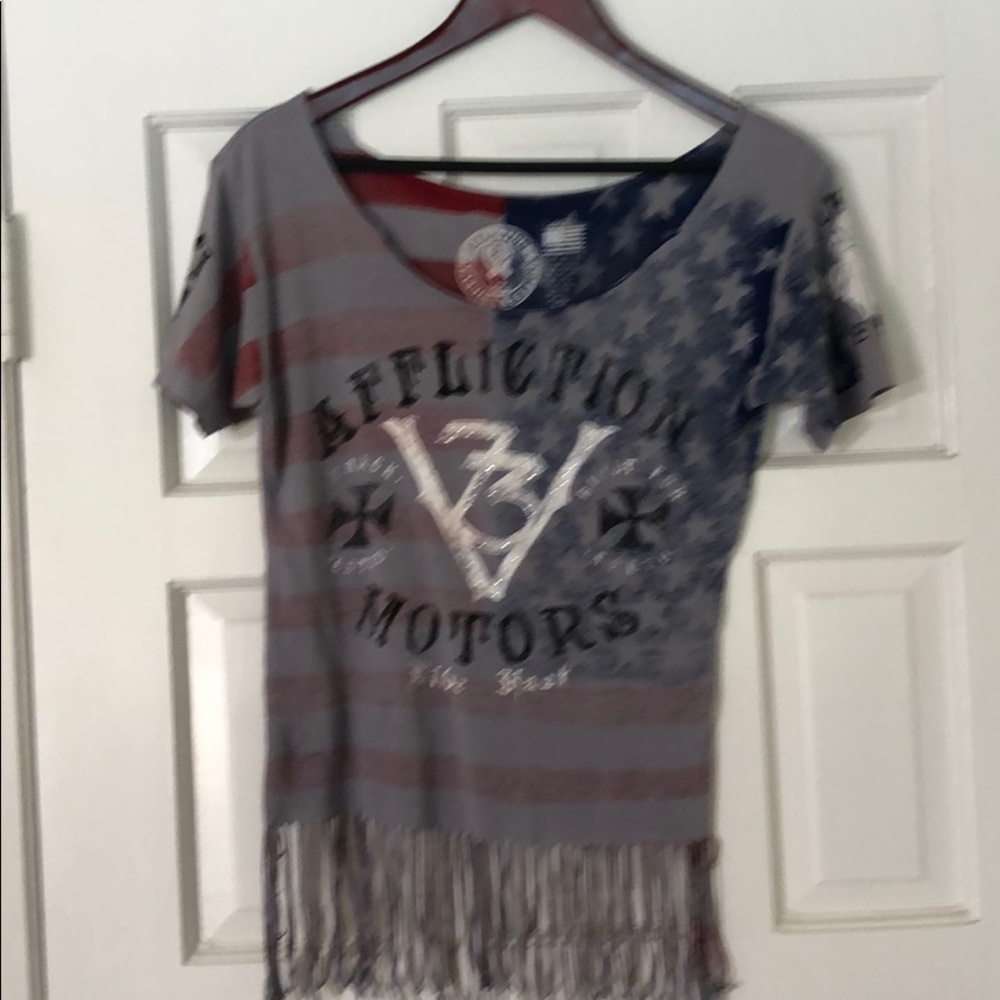 Affliction red white and blue shirt